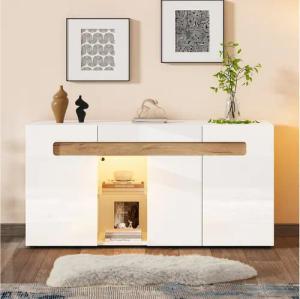 Merax Sideboard Sideboard mit LED, Buffetschrank Anrichte mit Holzoptik (1 St., 140x40x70cm), Kommode mit 3 Türen mit Hochglanzfront, Glasboden & großem Stauraum