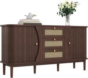 Merax Sideboard Skandi mit 2 Schiebetüren und 3 Schubladen (Rattanschrank Landhausstil, für Wohnzimmer & Flur), Rattan geflecht Kommode, Anrichte Schrank mit Holzfüßen, Breit:140.5cm