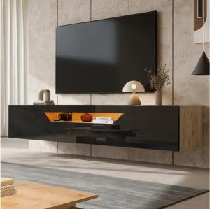 Merax TV-Schrank mit Hochglanzfront in Schwarz & Holzoptik (1-St., 180*37*36cm) Fernsehschrank mit LED, 3 Staufächer & Klapptür,Hängeboard TV-Lowboard