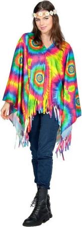 Metamorph Hippie-Kostüm Regenbogen Hippie Batik Poncho - Karneval Fasching, In psychedelischen Farben bedruckter Überwurf mit Fransen