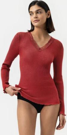 Mey Langarmshirt Serie Wool Expressive Uni (1-tlg) Longsleeve mit Spitze, Feinripp, Wolle-Seiden-Mix, Rollsaum