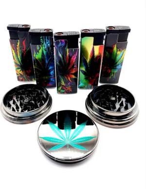 meytrade Grinder Set inkl. 5x Feuerzeuge (auffüllbar) Jet Flamme bunt matallic