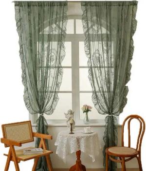 Minicloss Gardine Spitzenvorhänge, Vintage Blumenstickerei Vorhang mit Rüschen