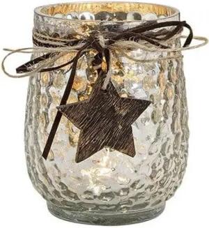 Mitienda Shop Windlicht aus silbernem Glas mit Holz Stern Anhänger