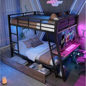 MODFU Etagenbett Metallbett Loftbett (mit Schreibtisch, LED-Beleuchtung, Schubladen, Leiter & Geländer, 140x200 cm), mit Matratze