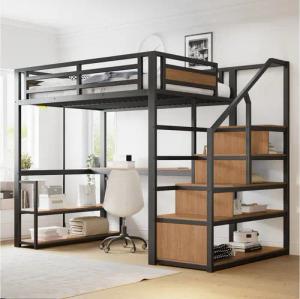 MODFU Hochbett Funktionsbett Kinderbett (Metall-Hochbett mit Aufbewahrungsleiter, Regalen & Tisch, Sicherheitszaun mit Holzpaneelen, Robuster Eisenrahmen, Platzsparend & Vielseitig., 140x200 Metall-Hochbet) ohne Matratze