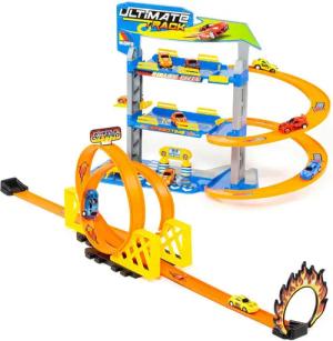 MOLTO Spiel-Parkgarage Autorennbahn mit Doppelloopingbahn inkl. 2 Pullback-Autos (Spielset, komplettes Spiel), Parktower mit 3Ebenen und Multi-Loopingbahn inkl. 2 Pullback-Autos