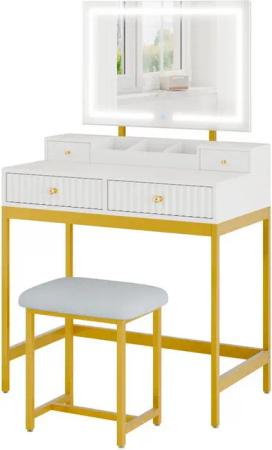 Mondeer Schminktisch Schminktisch mit Hocker, LED-Spiegel (3 Lichtmodi), Stauraum & Wellendesign, 80x45x132 cm