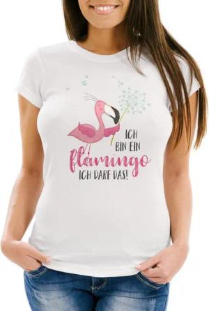MoonWorks Print-Shirt Damen T-Shirt Flamingo Ich bin ein Flamingo ich darf das Spruch Pusteblume Slim Fit tailliert Baumwolle Moonworks® mit Print