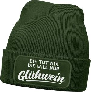 MoonWorks Strickmütze Damen Beanie mit Patch Strickmütze mit Spruch Glühwein Aufdruck