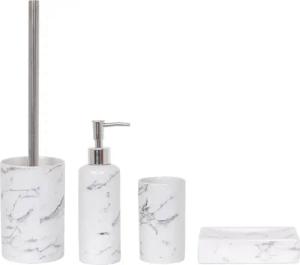 MSV Badaccessoires-Sets Bad-Zubehör-Set TOSCANA, 4 tlg., bestehend aus: WC-Bürste, Seifenspender, Zahnputzbecher, Seifenschale, Keramik, weiß, in klassischer Marmor Optik
