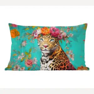 MuchoWow Dekokissen Leopard - Blumen - Krone, Dekoration, Zierkissen, Kissen mit Füllung, 50x30 cm