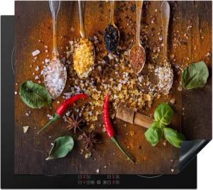 MuchoWow Herd-Abdeckplatte Löffel - Kräuter - Chili - Gewürze - Salz, Vinyl, (1 tlg), Ceranfeldabdeckung Küche, Herdabdeckplatte Einteilig, 59x51 cm