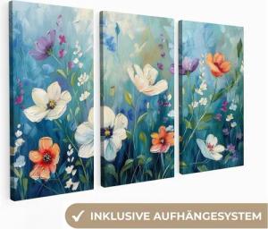 MuchoWow Leinwandbild Blumen - Bunt - Blau - Natur, Fotodruck (3 St), Wand Bilder 3 Set, Deko Schlafzimmer Wohnzimmer Flur 60x40 cm