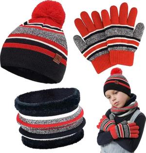 Mutig Mütze & Schal Winter Mütze Kinder Loop Schal Handschuhe 3-Set,Warm Bommelmütze (Winter Strickmütze, mit Plüsch Innenfutter für 3-6 Jahre Kleinkinder, Das Winter-Warmhalteset besteht aus Mütze, Handschuhen und Schal) Das Innere besteht aus weichem Fl