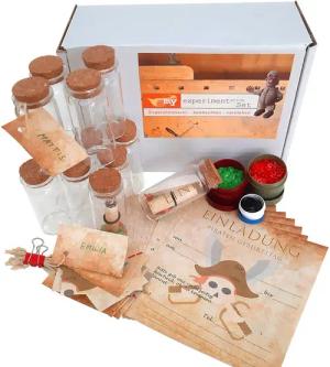 myExperimentSet Einladungskarten "Piraten-Kindergeburtstag als Flaschenpost", 10 Stück, Namensetikett und Dekonuggets - eine Erlebnis-Einladung