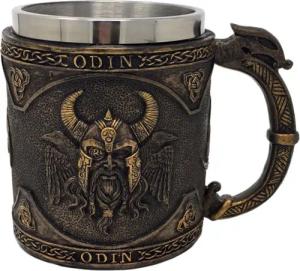 MystiCalls Bierkrug Krug Odin - Wikingerkrug Wikinger Götterkrug Met, 1-tlg., Polyresin, Herausnehmbarer Metalleinsatz