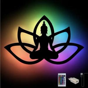 Namofactur LED Wandleuchte RGB Yoga, Buddha Lotus Haltung Blume, Meditation Wandlampe aus Holz, LED fest integriert, Farbwechsler