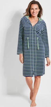 Nicki-Hausmantel mit Reißverschluß - salbei / marine / geringelt - Gr. 20 von Goldner Fashion