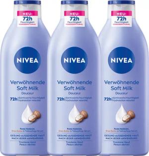 Nivea Bodylotion Body Verwöhnende Soft Milk 3 x 400ml Packung, 3-tlg., Sheabutter, Hyaluron, Tiefenpflege Serum