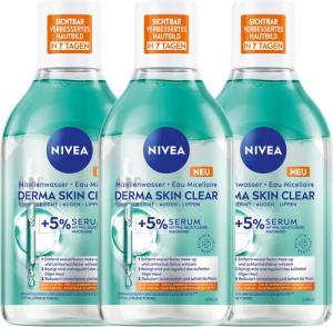 Nivea Gesichtswasser Mizellenwasser Derma Skin Clear 3 x 400ml, 3-tlg., beseitigt Pickel, Mitesser & fettige/ölige Haut