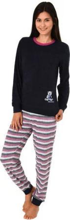 Normann Pyjama Damen Frottee Schlafanzug mit Bündchen und süsser Bär-Applikation