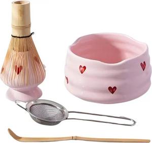 Norvéa Home Teeservice Matcha Set Rosa Herzdekor – 6-tlg. Matcha-Zubehör aus Keramik, 6 tlg. Set für traditionelle Matcha-Zubereitung