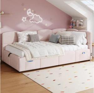 Odikalo Kinderbett Schlafsofa Polsterbett Jugendbett mit Bettkasten (Polsterbett, Kinderbett, Einzelbett, Stauraumbett, Schlafsofa 90x200 cm, mit Lattenrost, Stautasche, Jugendbett und Erwachsenen-Kinderbett,Samt / Bouclé, beige / rosa (ohne Matratze)