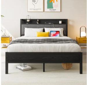 Odikalo Metallbett 120/140x190/200cm Metalllamellen LED Speicherkopf Ladestation Braun