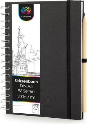 OfficeTree Skizzenbuch OfficeTree Skizzenbuch A5 hoch mit Verschluss, Stift und Stiftehalter, 96 Seiten 48 Blätter - Sketchbook 200g - Weißes Blanko Papier