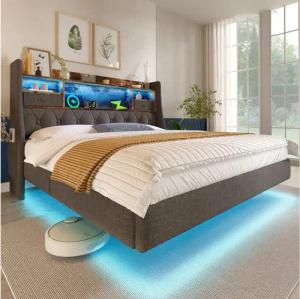 OKWISH Polsterbett mit LED-Beleuchtung, Kopfteil und Ladestation (Funktionsbett, Struraumbett, 1-tlg., 160x200 cm, mit Matratze(H20cm-Schaummatratze), Schwebebett mit 1 Type-C, 3 USB-Anschlüsse