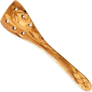 Olivenholz-erleben Pfannenwender mit Löchern aus Olivenholz – Länge ca. 30 cm, robust & stilvoll, Mit Abtropflöchern – sie verhindern Verspritzen von heißem Fett