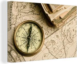 OneMillionCanvasses® Leinwandbild Alter Kompass zum Navigieren auf einer alten Karte, Fotodruck (1 St), Leinwand Bilder Klein, Wand Dekoration Aesthetic 30x20 cm