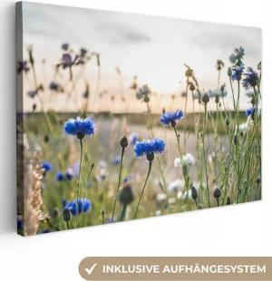 OneMillionCanvasses® Leinwandbild Blumen - Sommer - Kornblume - Blau - Sonne - Wolken, Fotodruck (1 St), Leinwand Bilder Klein, Wand Dekoration Aesthetic 30x20 cm