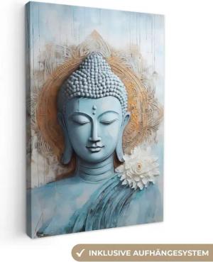 OneMillionCanvasses® Leinwandbild Buddha - Statue - Blau - Braun - Blume, Fotodruck (1 St), Leinwand Canvas Wandbild, Wanddekoration 20x30 cm