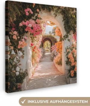 OneMillionCanvasses® Leinwandbild Fensterblick - Fenster - Bogen - Blumen - Pastell, Fotodruck (1 St), Wandbild, Deko Schlafzimmer Wohnzimmer Flur 20x20 cm