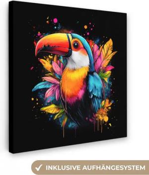 OneMillionCanvasses® Leinwandbild Graffiti - Vogel - Tukan - Blätter, Fotodruck (1 St), Wandbild, Deko Schlafzimmer Wohnzimmer Flur 20x20 cm