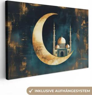 OneMillionCanvasses® Leinwandbild Moschee - Mondsichel - Gold - Ramadan - Islamisch, Fotodruck (1 St), Leinwand Bilder Klein, Wand Dekoration Aesthetic 30x20 cm
