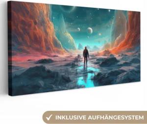 OneMillionCanvasses® Leinwandbild Panorama Berge - Weltraum - Planeten - Astronaut, Fotodruck (1 St), Gaming Bilder, Wandbild Gamingzimmer, Deko Wandbilder Gamer 40x20 cm