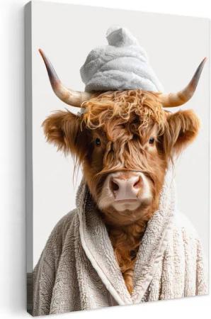 OneMillionCanvasses® Leinwandbild Schottischer Highlander - Bademantel - Kuh - Tiere, Fotodruck (1 St), Badezimmer Deko, Bilder WC, Toilette Wanddeko 20x30 cm