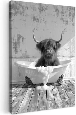 OneMillionCanvasses® Leinwandbild Schottischer Highlander - Tier - Badewanne - Schwarz - Weiß, Fotodruck (1 St), Badezimmer Deko, Bilder WC, Toilette Wanddeko 20x30 cm