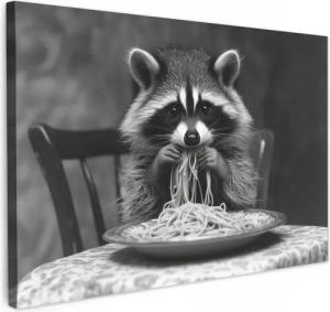 OneMillionCanvasses® Leinwandbild Waschbär - Niedlich - Pasta - Tischtuch - Schwarz - Weiß, Fotodruck (1 St), Küchenbilder Modern, Deko Bilder für die Küche 30x20 cm
