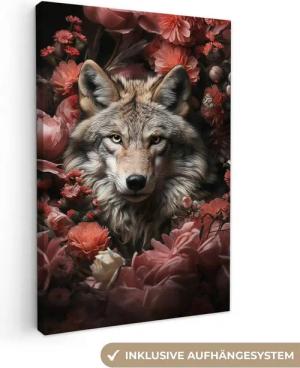 OneMillionCanvasses® Leinwandbild Wolf - Tier - Floral - Botanisch - Natur - Fantasie, Fotodruck (1 St), Leinwand Canvas Wandbild, Wanddekoration 20x30 cm