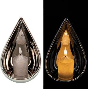 Online-Fuchs Windlicht - Kerzenhalter Tropfen mit LED-Kerze und 6-Stunden Timer (Schwarz, Gold oder Taubenblau, Silber, Kerze mit realistischer Flamme), glänzende Spiegeloptik