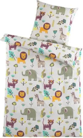 Optidream Kinderbettwäsche Set Mikrofaser 135x200 Polyester Kinder Safari, Mikrofaser, 2 teilig, Reißverschluss Wende Kind Afrika Löwe Elefant Giraffe kuschelig