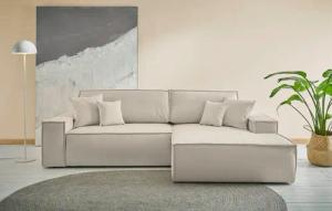 OTTO home Ecksofa FINNLEY, L-Form 257 cm, Schlafsofa, mit Bettkasten, in Bouclé, Struktur fein und Mega Cord