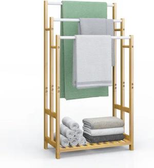 OUNUO Handtuchständer Freistehend aus Bambus Badetuchhalter mit 3 Edelstahlstangen