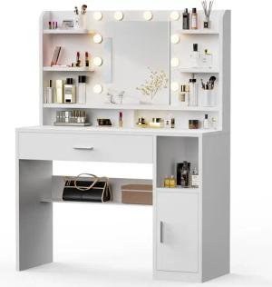 oyajia Schminktisch mit LED-Beleuchtung, einstellbare Helligkeit, mit 1 Schubladen,Spiegel (108*40*140 cm,6 offene Fächer, minimalistischer Stil Reichlich Stauraum Stabile)