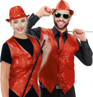 Party Factory Kostüm Pailletten Weste unisex - Rot S, mit leuchtenden, reflektierenden Pailletten versehen