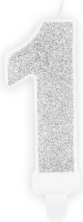 partydeco Geburtstagskerze, Geburtstagskerze Zahl 1 mit Glitzer 7cm silber